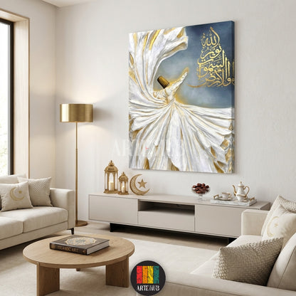 Detailed textured canvas of a Whirling Dervish in white and gold with Islamic calligraphy on a blue backdrop, perfect for Egyptian style home decor by Artehub.

تابلوه كانفاس مفصل للدرويش المولوي بألوان الأبيض والذهبي مع خط عربي إسلامي، مثالي لتزيين المنازل في مصر بأسلوب عصري من Artehub.