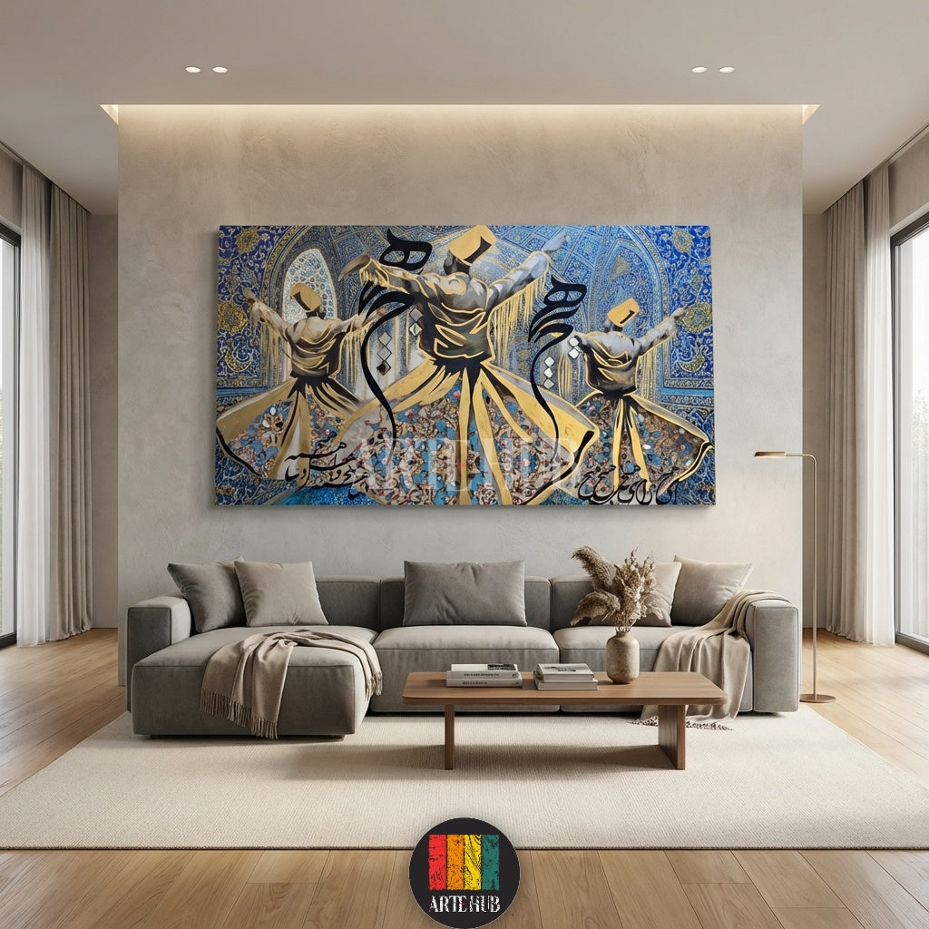 Detailed Sufi Whirling Dervish canvas print with intricate Arabic calligraphy and gold accents, showcased in a luxury Egyptian style home from Artehub Egypt.

 لوحة دراويش صوفية فنية مع خط عربي مذهب، معروضة في غرفة معيشة مصرية كلاسيكية فاخرة من Artehub مصر.