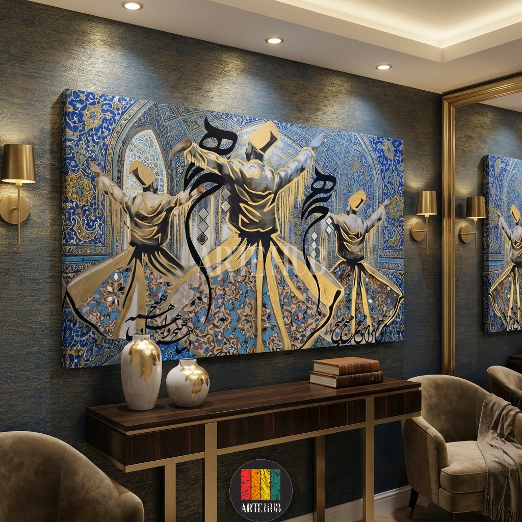 Detailed Sufi Whirling Dervish canvas print with intricate Arabic calligraphy and gold accents, showcased in a luxury Egyptian style home from Artehub Egypt.

 لوحة دراويش صوفية فنية مع خط عربي مذهب، معروضة في غرفة معيشة مصرية كلاسيكية فاخرة من Artehub مصر.