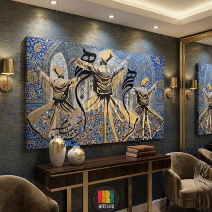 Detailed Sufi Whirling Dervish canvas print with intricate Arabic calligraphy and gold accents, showcased in a luxury Egyptian style home from Artehub Egypt.

 لوحة دراويش صوفية فنية مع خط عربي مذهب، معروضة في غرفة معيشة مصرية كلاسيكية فاخرة من Artehub مصر.