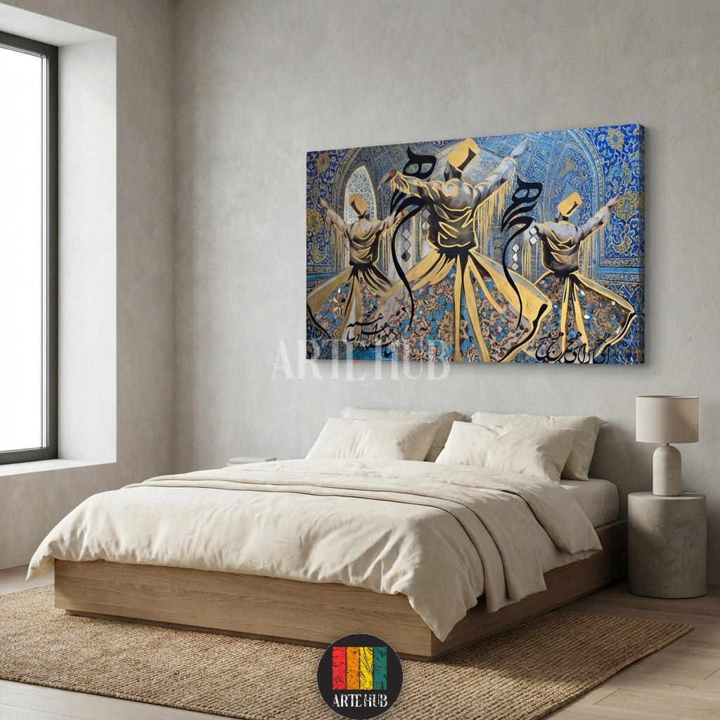 Detailed Sufi Whirling Dervish canvas print with intricate Arabic calligraphy and gold accents, showcased in a luxury Egyptian style home from Artehub Egypt.

لوحة دراويش صوفية فنية مع خط عربي مذهب، معروضة في غرفة معيشة مصرية كلاسيكية فاخرة من Artehub مصر.