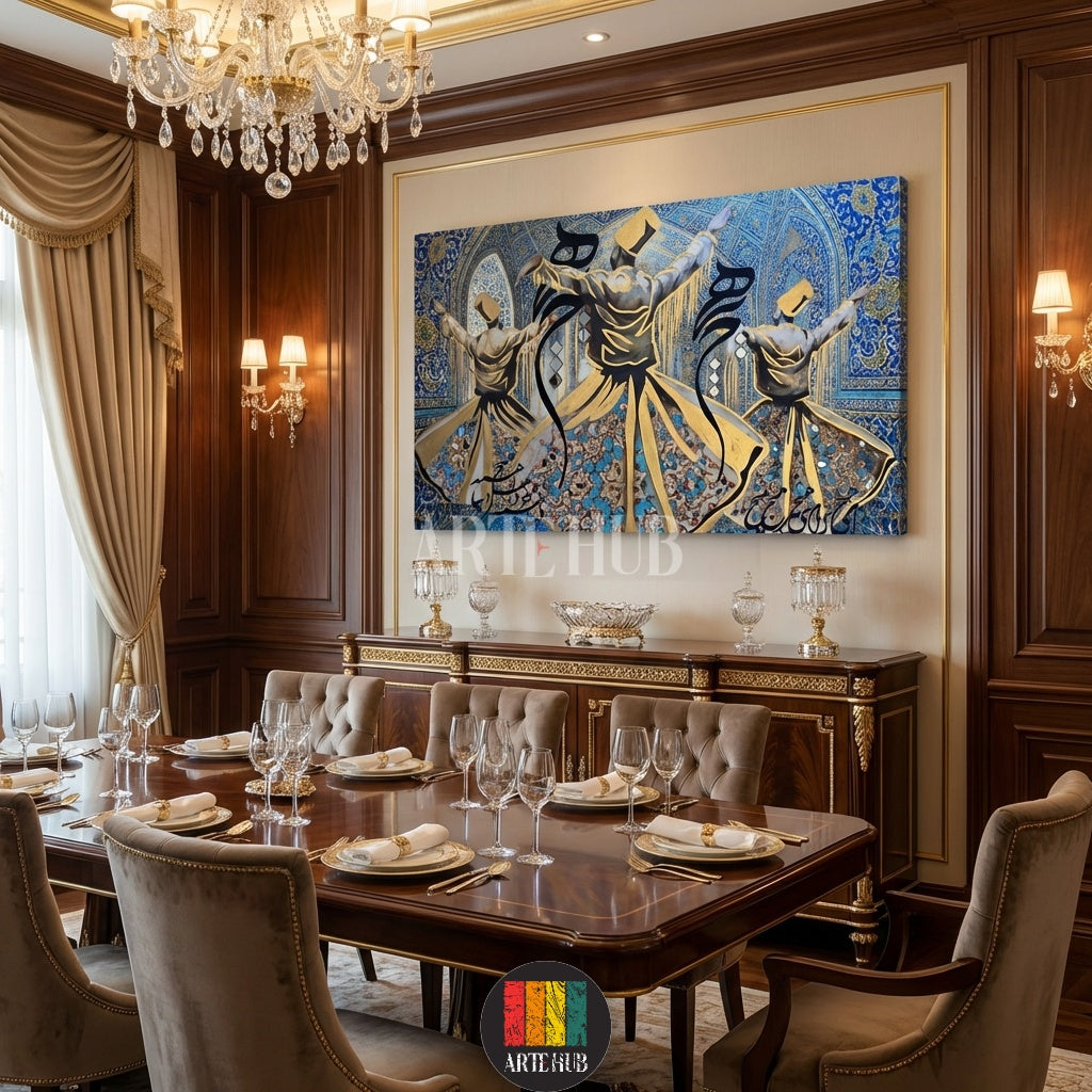 Detailed Sufi Whirling Dervish canvas print with intricate Arabic calligraphy and gold accents, showcased in a luxury Egyptian style home from Artehub Egypt.

 لوحة دراويش صوفية فنية مع خط عربي مذهب، معروضة في غرفة معيشة مصرية كلاسيكية فاخرة من Artehub مصر.
