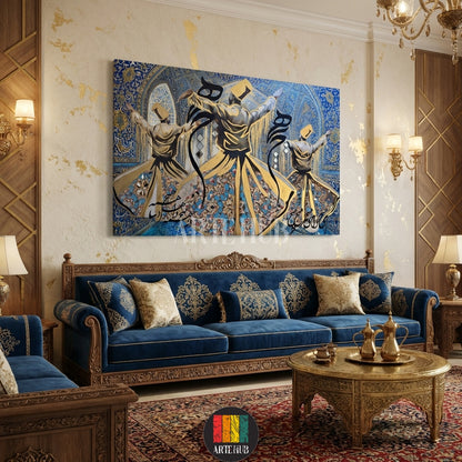 Detailed Sufi Whirling Dervish canvas print with intricate Arabic calligraphy and gold accents, showcased in a luxury Egyptian style home from Artehub Egypt.

 لوحة دراويش صوفية فنية مع خط عربي مذهب، معروضة في غرفة معيشة مصرية كلاسيكية فاخرة من Artehub مصر.