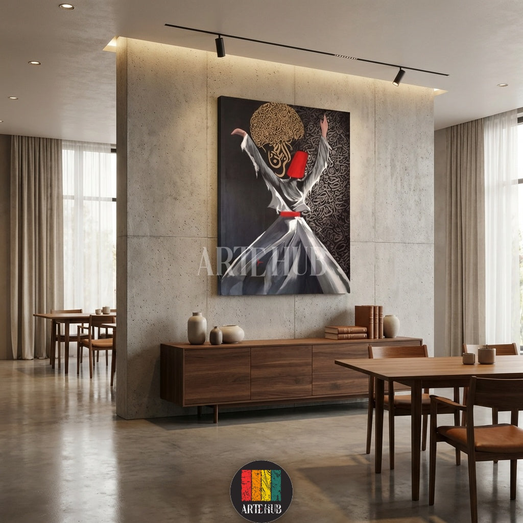  Spiritual whirling dervish wall art with gold Arabic calligraphy accents on a canvas from Artehub, ideal for stylish home decoration in Egypt.

تابلوه كانفاس يجسد رقصة المولوي مع زخارف خط عربي ذهبية من آرت هب، قطعة ديكور حائط مميزة للمنازل في مصر.