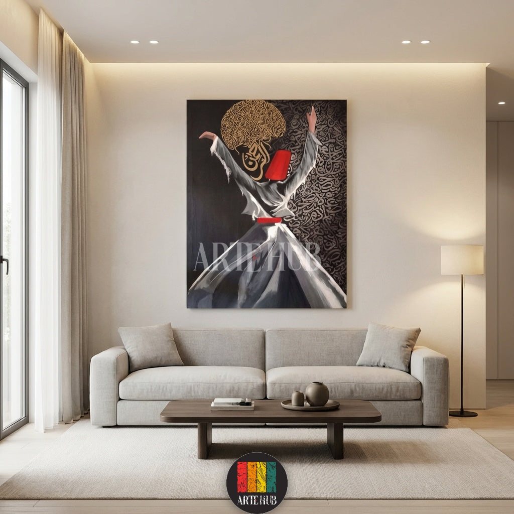  Spiritual whirling dervish wall art with gold Arabic calligraphy accents on a canvas from Artehub, ideal for stylish home decoration in Egypt.

تابلوه كانفاس يجسد رقصة المولوي مع زخارف خط عربي ذهبية من آرت هب، قطعة ديكور حائط مميزة للمنازل في مصر.