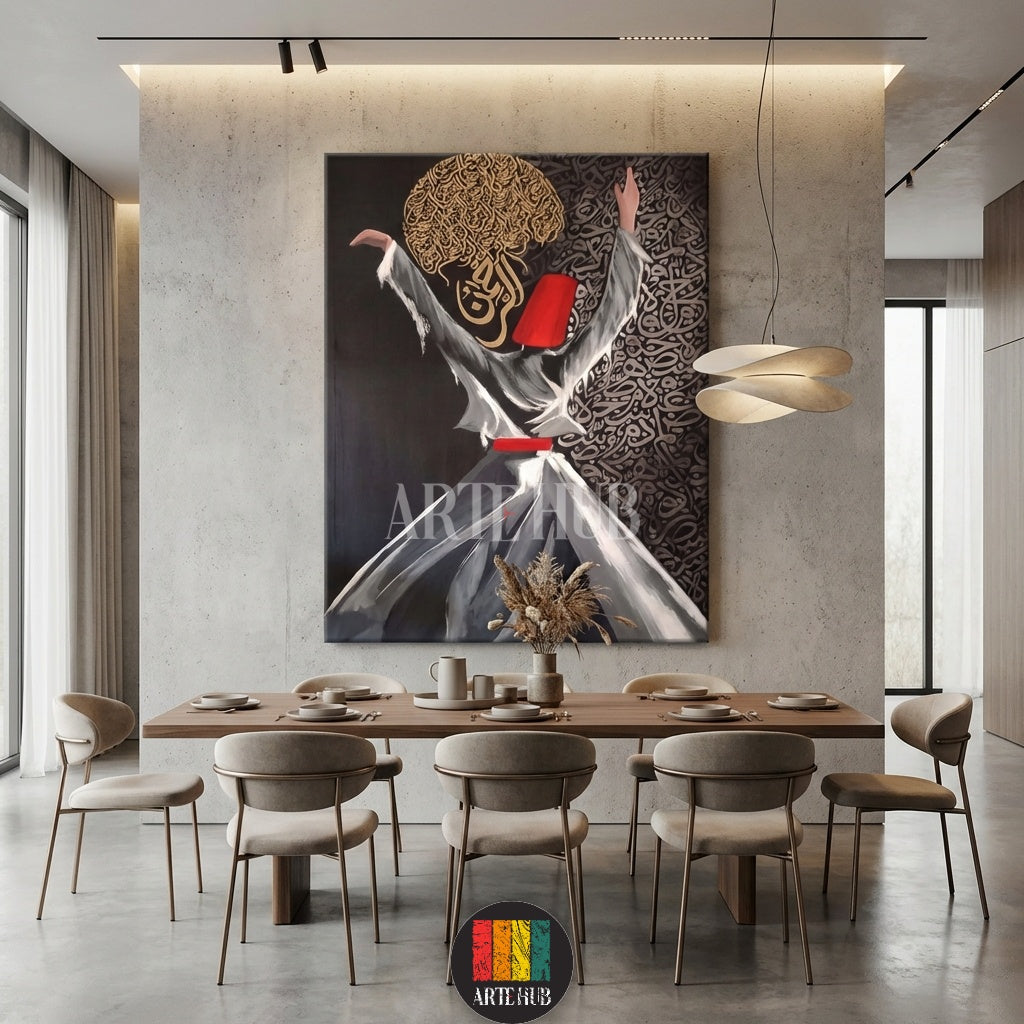  Spiritual whirling dervish wall art with gold Arabic calligraphy accents on a canvas from Artehub, ideal for stylish home decoration in Egypt.

تابلوه كانفاس يجسد رقصة المولوي مع زخارف خط عربي ذهبية من آرت هب، قطعة ديكور حائط مميزة للمنازل في مصر.
