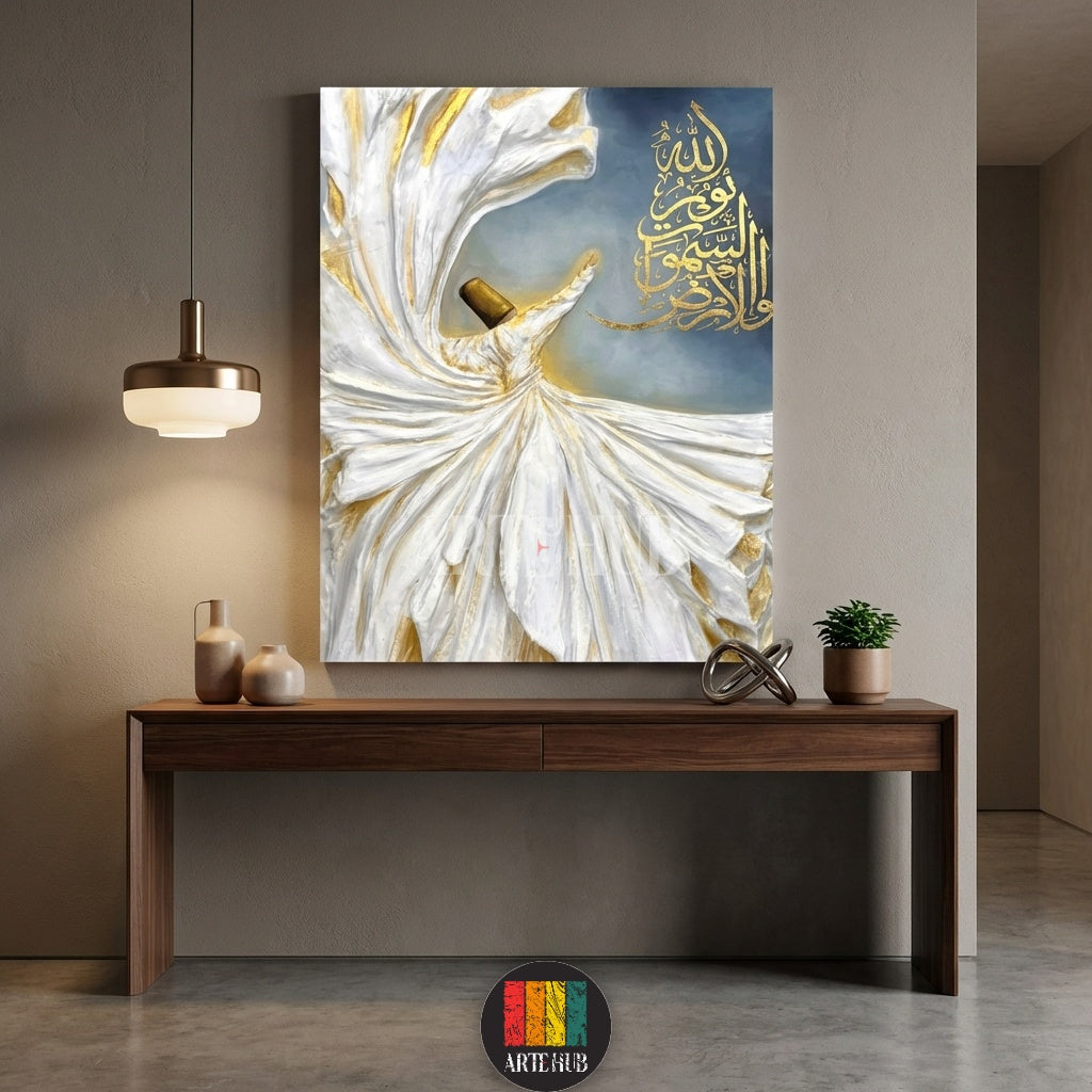 Detailed textured canvas of a Whirling Dervish in white and gold with Islamic calligraphy on a blue backdrop, perfect for Egyptian style home decor by Artehub.

تابلوه كانفاس مفصل للدرويش المولوي بألوان الأبيض والذهبي مع خط عربي إسلامي، مثالي لتزيين المنازل في مصر بأسلوب عصري من Artehub.