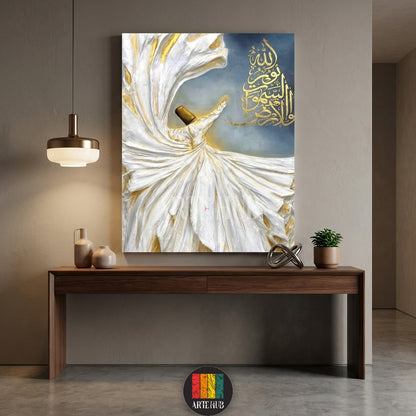 Detailed textured canvas of a Whirling Dervish in white and gold with Islamic calligraphy on a blue backdrop, perfect for Egyptian style home decor by Artehub.

تابلوه كانفاس مفصل للدرويش المولوي بألوان الأبيض والذهبي مع خط عربي إسلامي، مثالي لتزيين المنازل في مصر بأسلوب عصري من Artehub.
