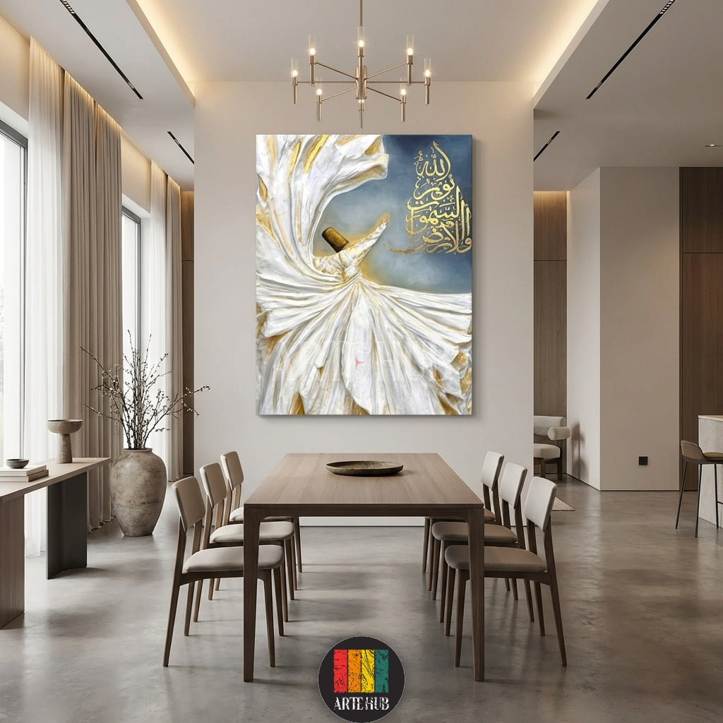 Detailed textured canvas of a Whirling Dervish in white and gold with Islamic calligraphy on a blue backdrop, perfect for Egyptian style home decor by Artehub.

تابلوه كانفاس مفصل للدرويش المولوي بألوان الأبيض والذهبي مع خط عربي إسلامي، مثالي لتزيين المنازل في مصر بأسلوب عصري من Artehub.
