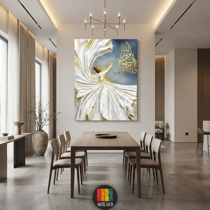 Detailed textured canvas of a Whirling Dervish in white and gold with Islamic calligraphy on a blue backdrop, perfect for Egyptian style home decor by Artehub.

تابلوه كانفاس مفصل للدرويش المولوي بألوان الأبيض والذهبي مع خط عربي إسلامي، مثالي لتزيين المنازل في مصر بأسلوب عصري من Artehub.
