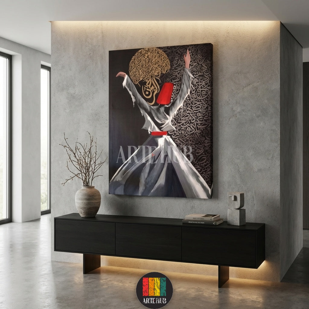 Large canvas featuring a spiritual Sufi Whirling Dervish in elegant white robes and a red fez, with intricate golden Arabic calligraphy integrated into the design. This exquisite piece enhances a luxurious dining room, perfect for contemporary Egyptian home decor. Shop wall art in Egypt.
لوحة كانفاس كبيرة تصور درويشاً صوفياً روحانياً يرتدي رداءً أبيض وقبعة حمراء، مع خط عربي ذهبي مميز. هذه القطعة الفنية الرائعة تزين غرفة طعام فاخرة، ومثالية لديكور المنزل العصري في مصر. تابلوهات وديكورات حائط في مصر.