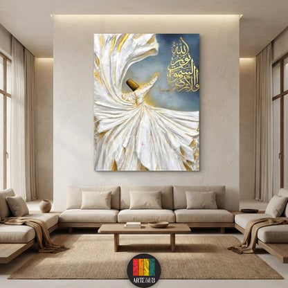 Detailed image of a captivating Sufi Whirling Dervish canvas print with flowing white and gold robes and golden Arabic calligraphy, perfect for spiritual wall decor in Egypt.
صورة مفصلة لتابلوه كانفاس درويش صوفي يدور، يتميز بملابسه البيضاء والذهبية المتدفقة والخط العربي الذهبي، مثالي للديكور الروحي في المنازل العصرية بمصر.