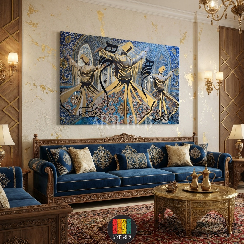 Stunning canvas print featuring three gold and blue Sufi whirling dervishes with intricate Islamic patterns and Arabic calligraphy, ideal for sophisticated home decor in Egypt.
تابلوه كانفاس مذهل يصور ثلاثة دراويش صوفيين يدورون بألوان ذهبية وزرقاء، مع زخارف إسلامية معقدة وخط عربي، مثالي للديكور المنزلي الأنيق في مصر.