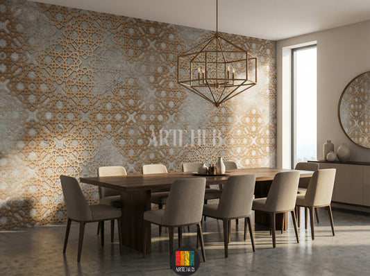 Textured grey and gold Islamic geometric wallpaper in an elegant Egyptian dining room. Features wooden , white bedding, woven tables and lamps. Perfect decor for homes in Egypt.
ورق حائط بنقوش إسلامية هندسية باللون الرمادي والذهبي في غرفة سفرة مصرية أنيقة. يضم سرير خشبي، مفروشات بيضاء، طاولات جانبية منسوجة ومصابيح. ديكور مثالي للمنازل في مصر.
room: dining room