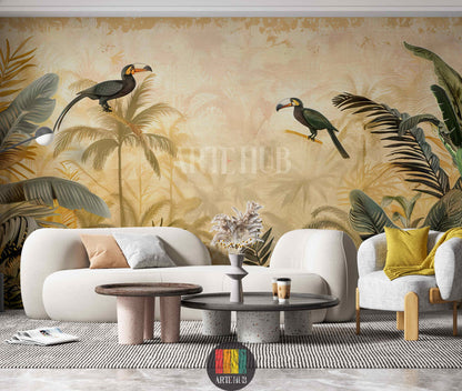 Bedroom featuring a vintage-style tropical wallpaper with two toucans perched on palm trees, creating an exotic atmosphere. Ideal for modern wall art decor in Egypt.
غرفة نوم تتميز بورق جدران استوائي بلمسة عتيقة، يظهر طائران الطوقان يجلسان على أشجار النخيل. ديكور حائط عصري ومثالي للمنازل في مصر.