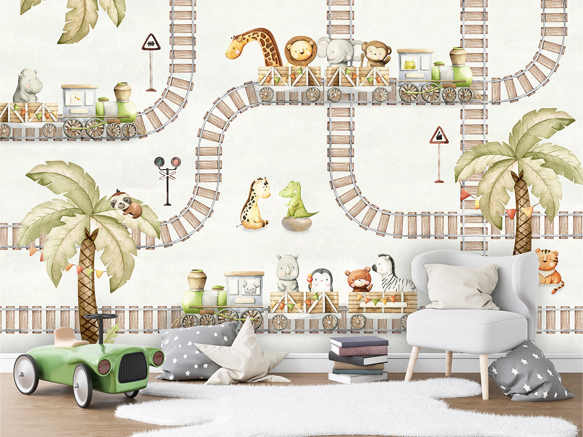 Train_Travels kids room wallpaper interior — premium wallpaper by Artehub Egypt