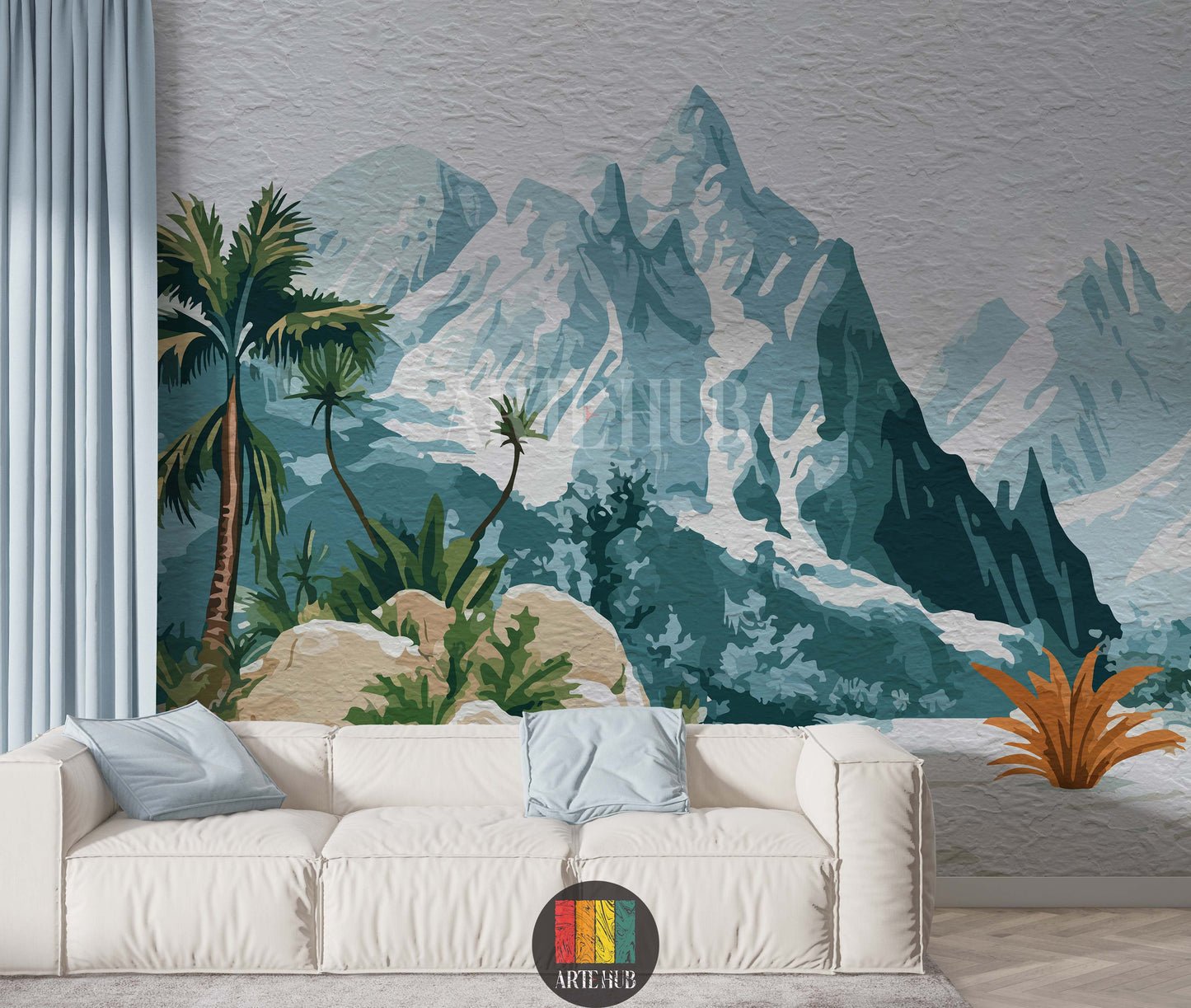 A modern living room featuring a stunning tropical mountain range wallpaper mural with palm trees, light blue curtains, and a comfortable white sofa with blue cushions. Ideal for home decor in Egypt.
صورة لغرفة معيشة حديثة مزينة بورق حائط جداري بتصميم جبال استوائية ونخيل، مع ستائر زرقاء فاتحة وأريكة بيضاء عليها وسائد زرقاء. مثالي للديكور المنزلي في مصر.
room: living room