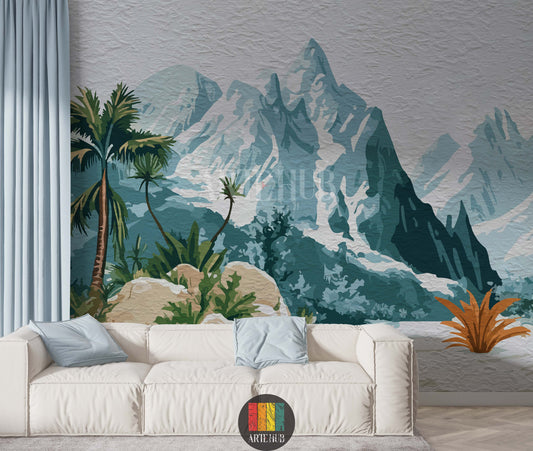A modern living room featuring a stunning tropical mountain range wallpaper mural with palm trees, light blue curtains, and a comfortable white sofa with blue cushions. Ideal for home decor in Egypt.
صورة لغرفة معيشة حديثة مزينة بورق حائط جداري بتصميم جبال استوائية ونخيل، مع ستائر زرقاء فاتحة وأريكة بيضاء عليها وسائد زرقاء. مثالي للديكور المنزلي في مصر.
room: living room