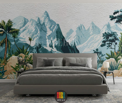 A modern bedroom featuring a stunning tropical mountain range wallpaper mural with palm trees, light blue curtains, and a comfortable white sofa with blue cushions. Ideal for home decor in Egypt.
صورة لغرفة معيشة حديثة مزينة بورق حائط جداري بتصميم جبال استوائية ونخيل، مع ستائر زرقاء فاتحة وأريكة بيضاء عليها وسائد زرقاء. مثالي للديكور المنزلي في مصر.
room: bedroom