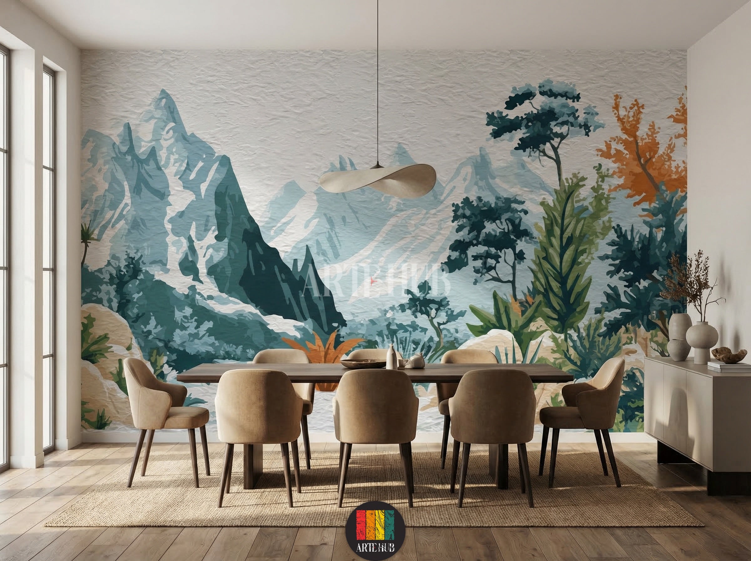 A modern dining room featuring a stunning tropical mountain range wallpaper mural with palm trees, light blue curtains, and a comfortable white sofa with blue cushions. Ideal for home decor in Egypt.
صورة لغرفة معيشة حديثة مزينة بورق حائط جداري بتصميم جبال استوائية ونخيل، مع ستائر زرقاء فاتحة وأريكة بيضاء عليها وسائد زرقاء. مثالي للديكور المنزلي في مصر.
room: dining room