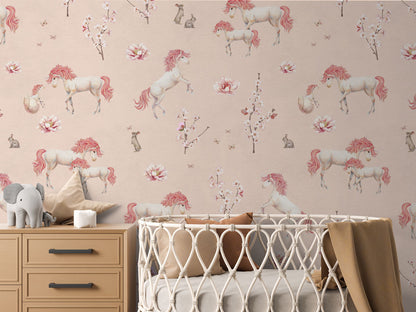 Unique Unicorn Pink luxury motif wallpaper in kids room interior — Artehub Egypt