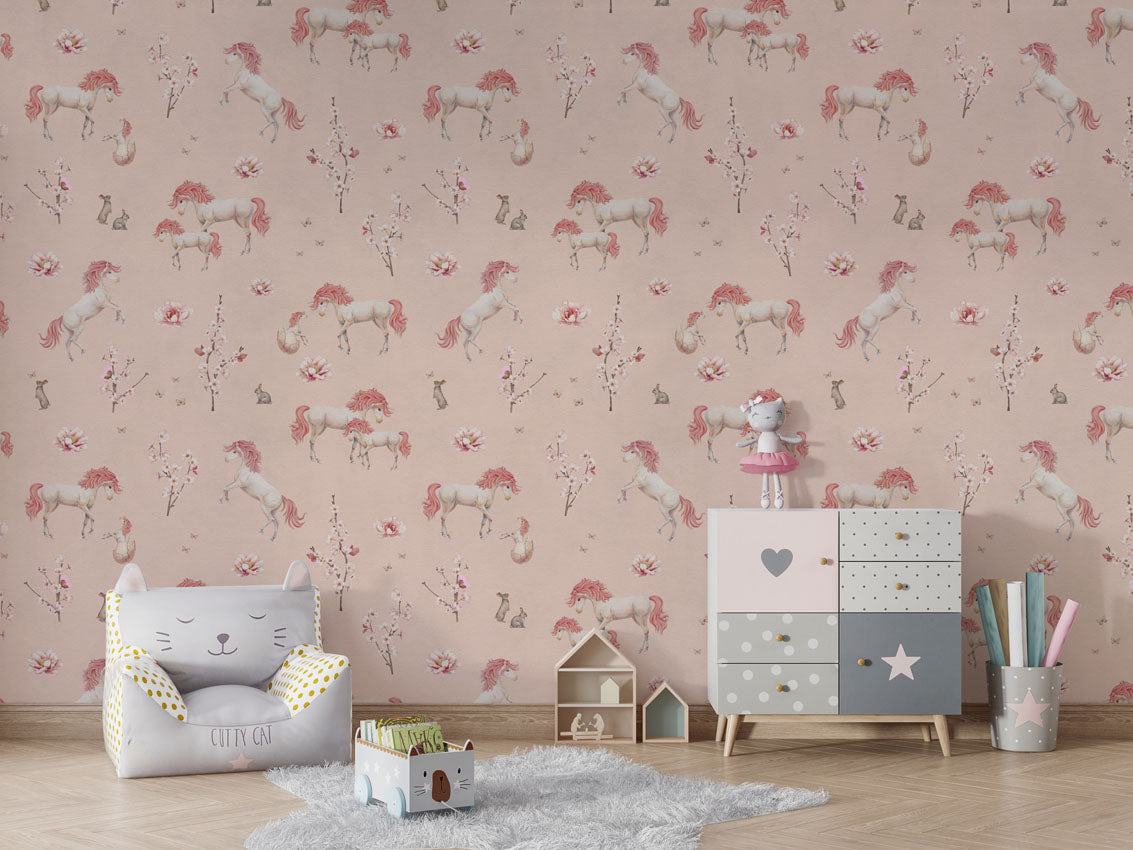 Unique Unicorn Pink luxury motif wallpaper in kids room interior — Artehub Egypt