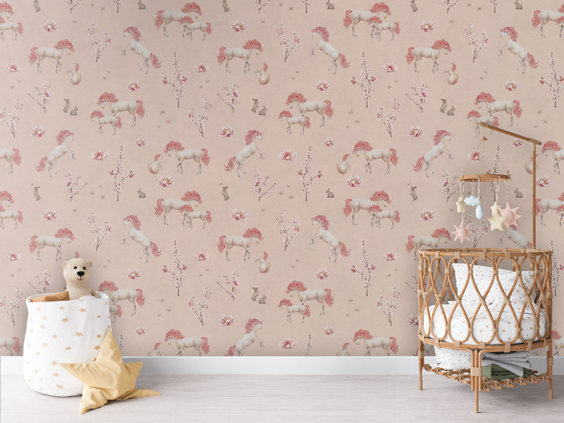 Unique Unicorn Pink luxury motif wallpaper in kids room interior — Artehub Egypt