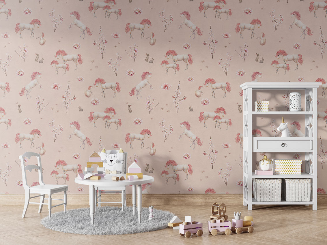 Unique Unicorn Pink luxury motif wallpaper in kids room interior — Artehub Egypt