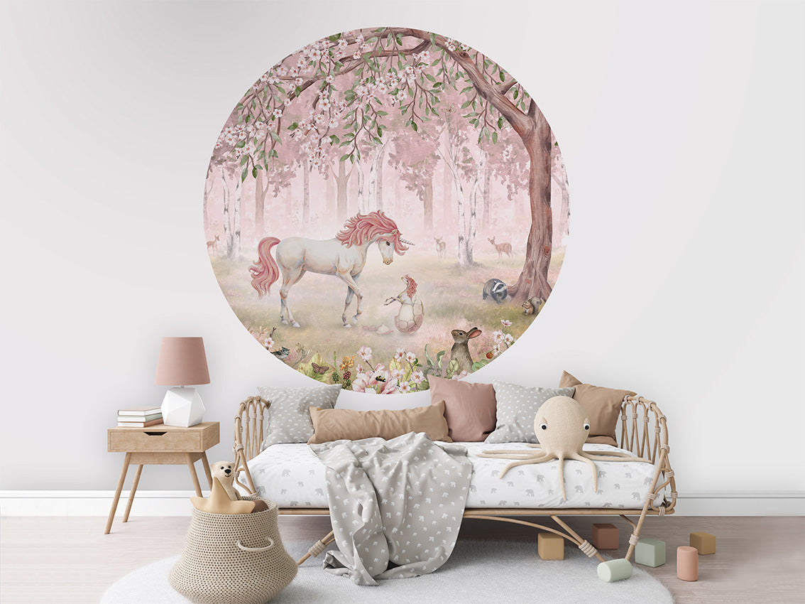 Unicorn Forest Pink wall circle sticker by Artehub