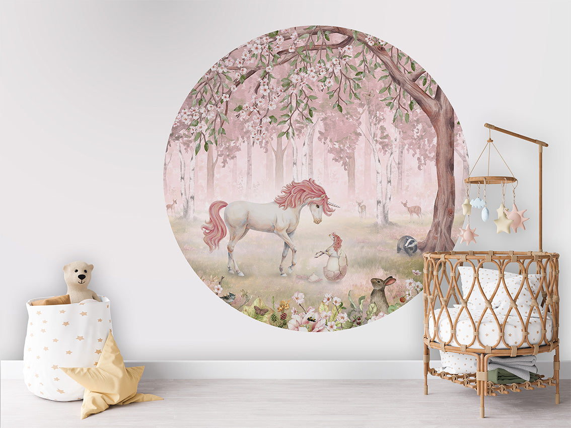 Unicorn Forest Pink wall circle sticker by Artehub