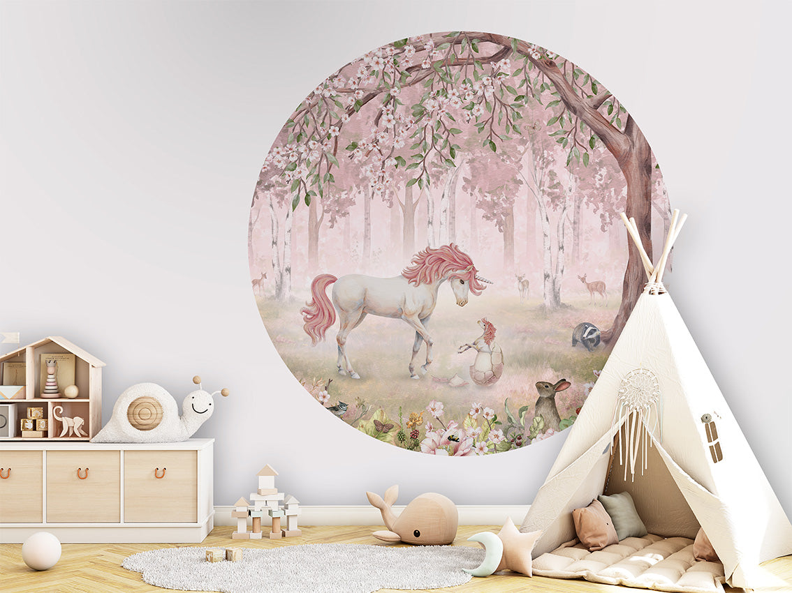 Unicorn Forest Pink wall circle sticker by Artehub