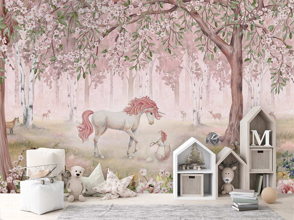 Unicorn Forest - Pink luxury wallpaper in kids room interior — Artehub Egypt