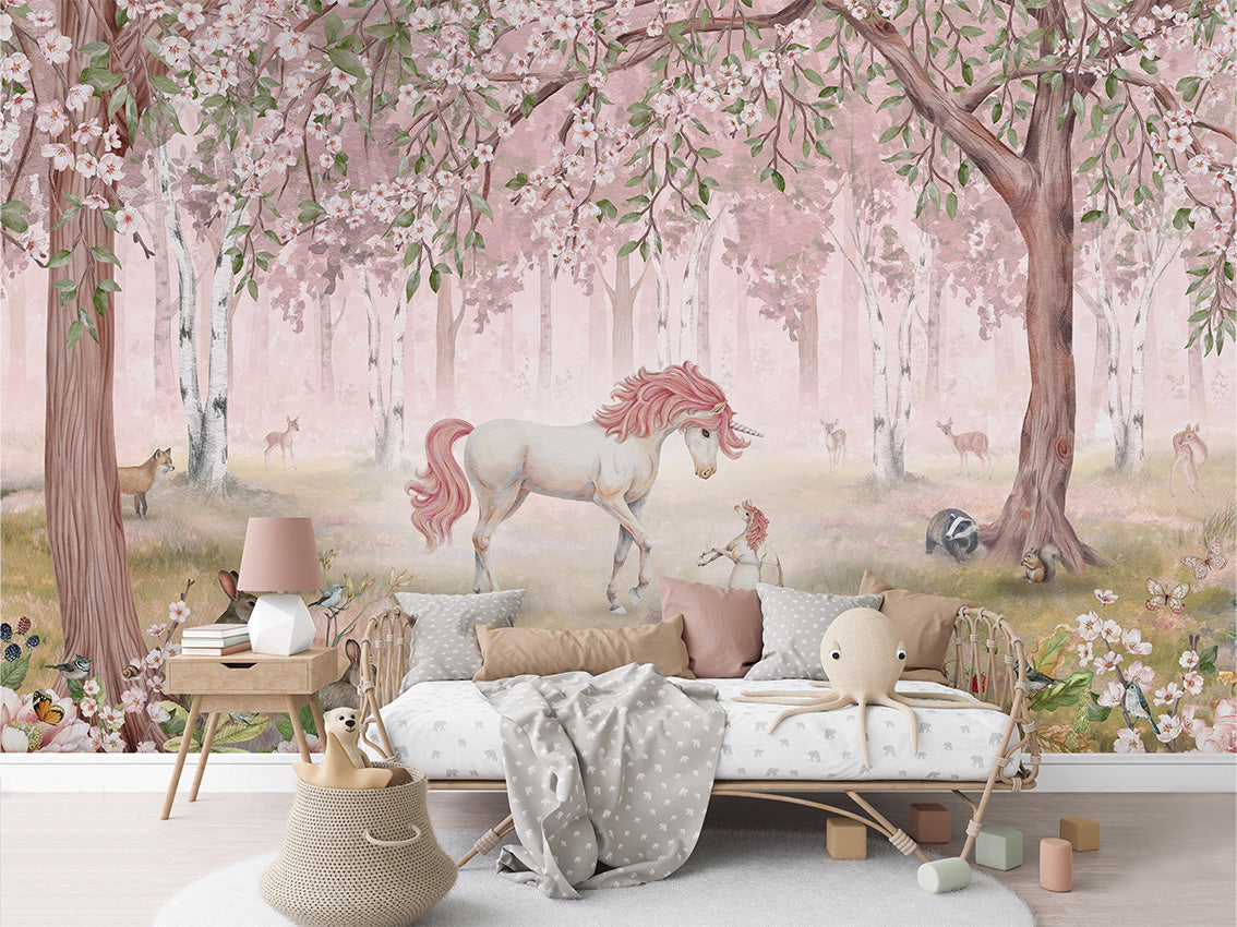 Unicorn Forest - Pink luxury wallpaper in kids room interior — Artehub Egypt