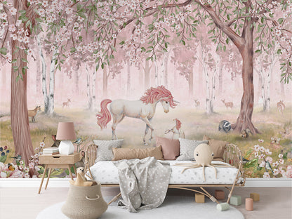 Unicorn Forest - Pink luxury wallpaper in kids room interior — Artehub Egypt