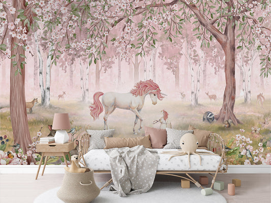 Unicorn Forest - Pink luxury wallpaper in kids room interior — Artehub Egypt