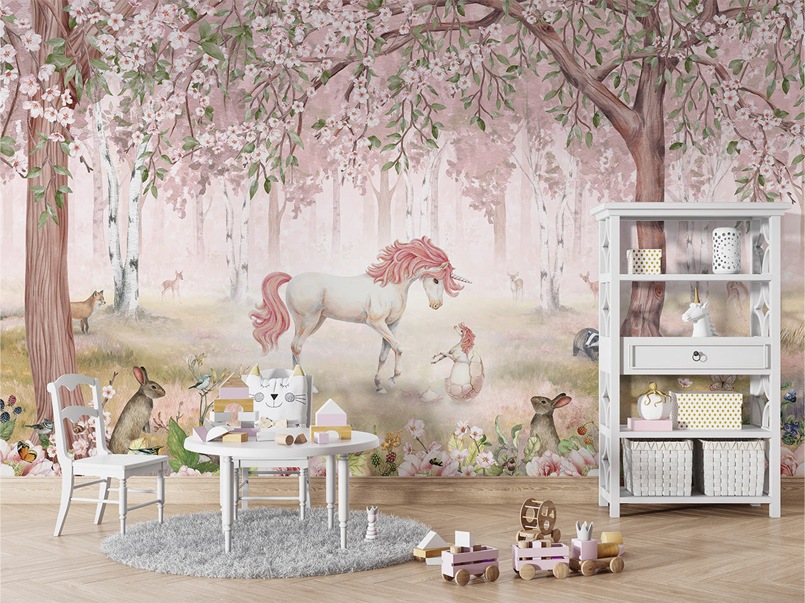 Unicorn Forest - Pink luxury wallpaper in kids room interior — Artehub Egypt