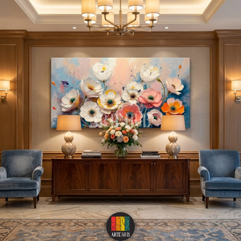 Large textured canvas painting featuring a vibrant cluster of white, pink, yellow, and orange anemone flowers with dark centers, set against a soft blue and blush pink abstract background, displayed above a light beige modern L-shaped sofa and a minimalist wooden coffee table in an elegant living room setting in Egypt.
لوحة كانفاس فنية كبيرة ثلاثية الأبعاد تصور مجموعة نابضة بالحياة من زهور شقائق النعمان البيضاء والوردية والصفراء والبرتقالية ذات الألوان الزاهية، بخلفية مائية زرقاء ووردية ناعمة، معلقة فوق أري