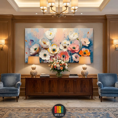Large textured canvas painting featuring a vibrant cluster of white, pink, yellow, and orange anemone flowers with dark centers, set against a soft blue and blush pink abstract background, displayed above a light beige modern L-shaped sofa and a minimalist wooden coffee table in an elegant living room setting in Egypt.
لوحة كانفاس فنية كبيرة ثلاثية الأبعاد تصور مجموعة نابضة بالحياة من زهور شقائق النعمان البيضاء والوردية والصفراء والبرتقالية ذات الألوان الزاهية، بخلفية مائية زرقاء ووردية ناعمة، معلقة فوق أري