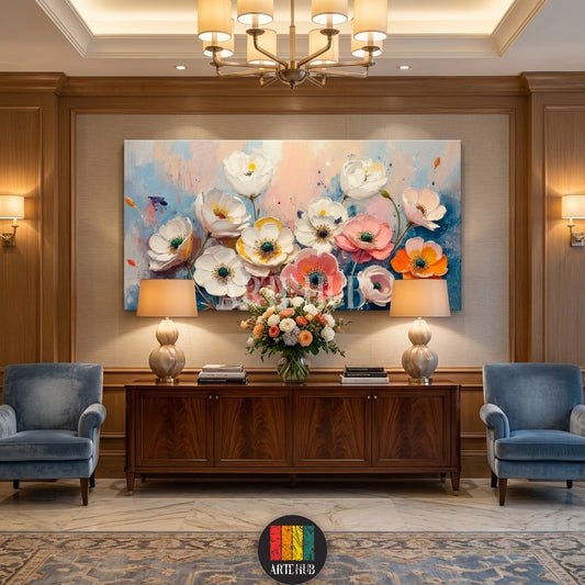Large textured canvas painting featuring a vibrant cluster of white, pink, yellow, and orange anemone flowers with dark centers, set against a soft blue and blush pink abstract background, displayed above a light beige modern L-shaped sofa and a minimalist wooden coffee table in an elegant living room setting in Egypt.
لوحة كانفاس فنية كبيرة ثلاثية الأبعاد تصور مجموعة نابضة بالحياة من زهور شقائق النعمان البيضاء والوردية والصفراء والبرتقالية ذات الألوان الزاهية، بخلفية مائية زرقاء ووردية ناعمة، معلقة فوق أري