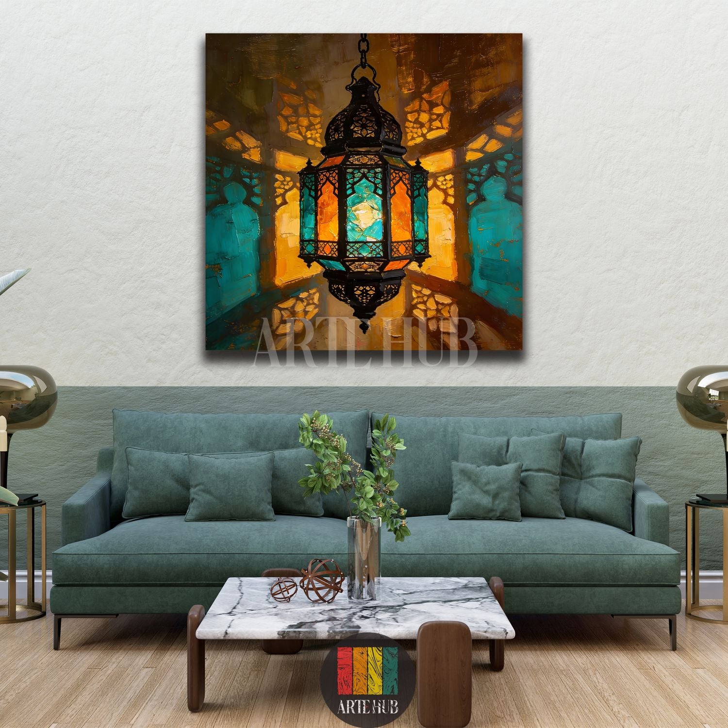 A vibrant, intricate canvas print of a traditional Egyptian lantern with stained-glass patterns, casting colorful light and shadows, enhancing modern Egyptian home decor.
لوحة كانفاس فنية مفصلة لفانوس مصري تقليدي بألوان زاهية وأنماط زجاجية، يضيء غرفة معيشة عصرية في مصر بتصميمه الشرقي المميز.