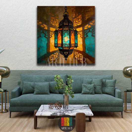 A vibrant, intricate canvas print of a traditional Egyptian lantern with stained-glass patterns, casting colorful light and shadows, enhancing modern Egyptian home decor.
لوحة كانفاس فنية مفصلة لفانوس مصري تقليدي بألوان زاهية وأنماط زجاجية، يضيء غرفة معيشة عصرية في مصر بتصميمه الشرقي المميز.