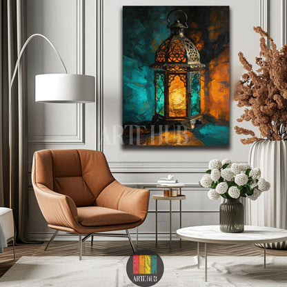 Close-up of a vibrant oil painting on canvas featuring an illuminated ornate Fanoos lantern with teal and orange hues, displayed as stylish wall art in a modern Egyptian living room.
صورة تفصيلية لتابلوه كانفاس زيتي لفانوس عربي مضيء بألوان زاهية من الأزرق المخضر والبرتقالي، معروض كديكور حائط أنيق في غرفة معيشة عصرية في مصر.