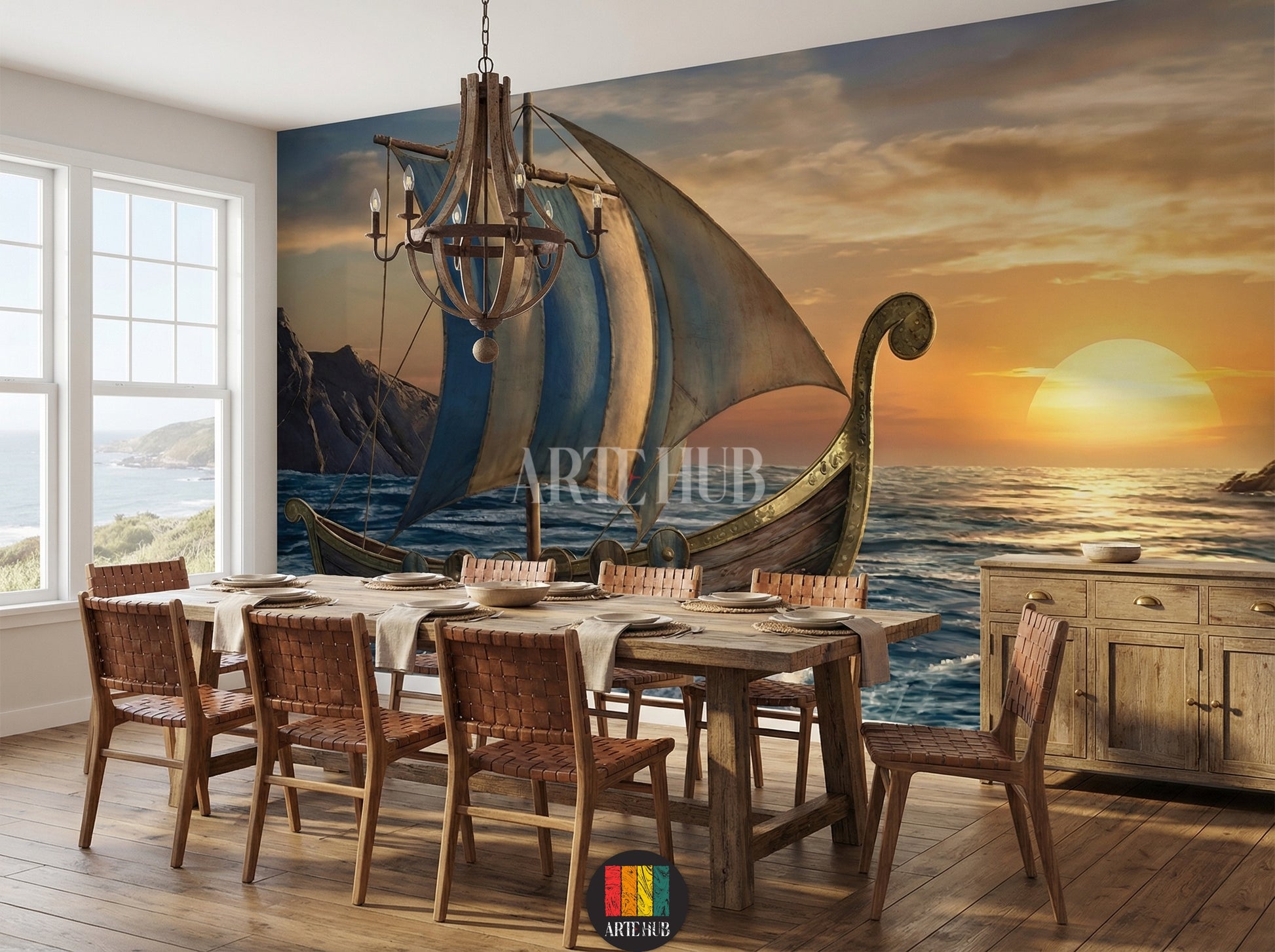 dining room featuring an epic Viking longship wallpaper mural. The ship with blue and white sails sails a rough sea under a sunset sky. Perfect wall decor for homes in Egypt.
صورة لغرفة تتميز بورق حائط ملحمي لسفينة فايكنج بأشرعة زرقاء وبيضاء تبحر في بحر هائج عند الغروب. ديكور حائط عصري لمنازل مصر.
room: dining room