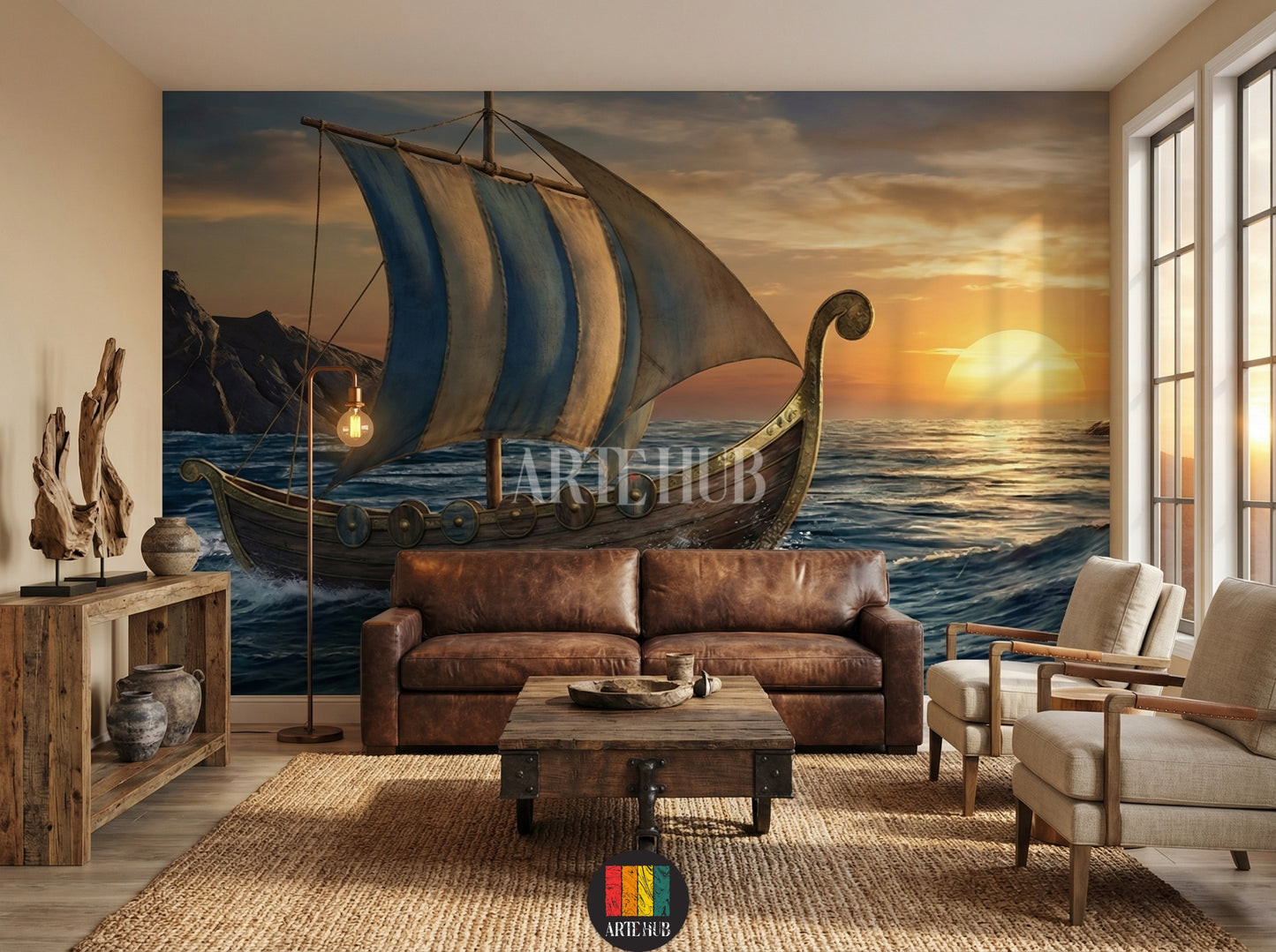living room featuring an epic Viking longship wallpaper mural. The ship with blue and white sails sails a rough sea under a sunset sky. Perfect wall decor for homes in Egypt.
صورة لغرفة تتميز بورق حائط ملحمي لسفينة فايكنج بأشرعة زرقاء وبيضاء تبحر في بحر هائج عند الغروب. ديكور حائط عصري لمنازل مصر.
room: living room