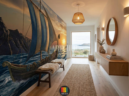 hallway featuring an epic Viking longship wallpaper mural. The ship with blue and white sails sails a rough sea under a sunset sky. Perfect wall decor for homes in Egypt.
صورة لغرفة نوم تتميز بورق حائط ملحمي لسفينة فايكنج بأشرعة زرقاء وبيضاء تبحر في بحر هائج عند الغروب. ديكور حائط عصري لمنازل مصر.
room: hallway
