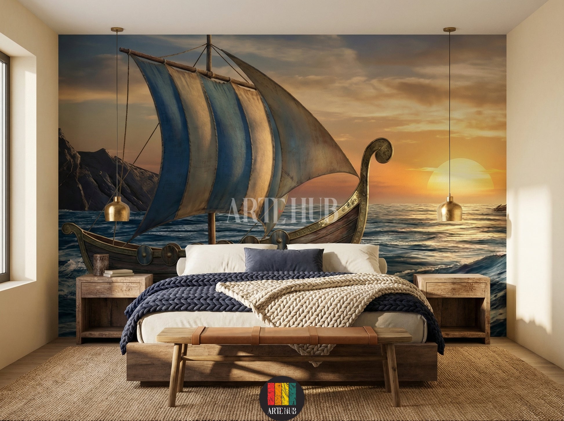 Bedroom featuring an epic Viking longship wallpaper mural. The ship with blue and white sails sails a rough sea under a sunset sky. Perfect wall decor for homes in Egypt.
صورة لغرفة نوم تتميز بورق حائط ملحمي لسفينة فايكنج بأشرعة زرقاء وبيضاء تبحر في بحر هائج عند الغروب. ديكور حائط عصري لمنازل مصر
room: bedroom