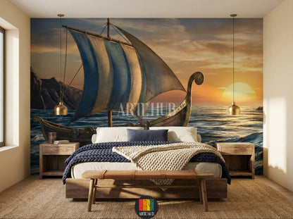 Bedroom featuring an epic Viking longship wallpaper mural. The ship with blue and white sails sails a rough sea under a sunset sky. Perfect wall decor for homes in Egypt.
صورة لغرفة نوم تتميز بورق حائط ملحمي لسفينة فايكنج بأشرعة زرقاء وبيضاء تبحر في بحر هائج عند الغروب. ديكور حائط عصري لمنازل مصر
room: bedroom