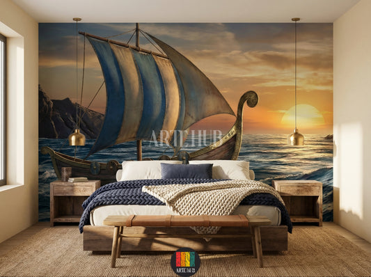 Bedroom featuring an epic Viking longship wallpaper mural. The ship with blue and white sails sails a rough sea under a sunset sky. Perfect wall decor for homes in Egypt.
صورة لغرفة نوم تتميز بورق حائط ملحمي لسفينة فايكنج بأشرعة زرقاء وبيضاء تبحر في بحر هائج عند الغروب. ديكور حائط عصري لمنازل مصر
room: bedroom