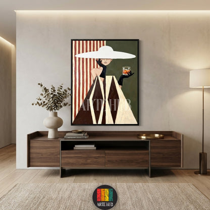  Elegant vintage canvas wall art by Artehub showing a lady in a white hat and geometric dress, adding a touch of sophisticated Egyptian style to any room.

 لوحة جدارية كلاسيكية من آرت هب تعرض سيدة بقبعة بيضاء وفستان هندسي، تضيف لمسة من الفخامة لديكور المنازل في مصر.