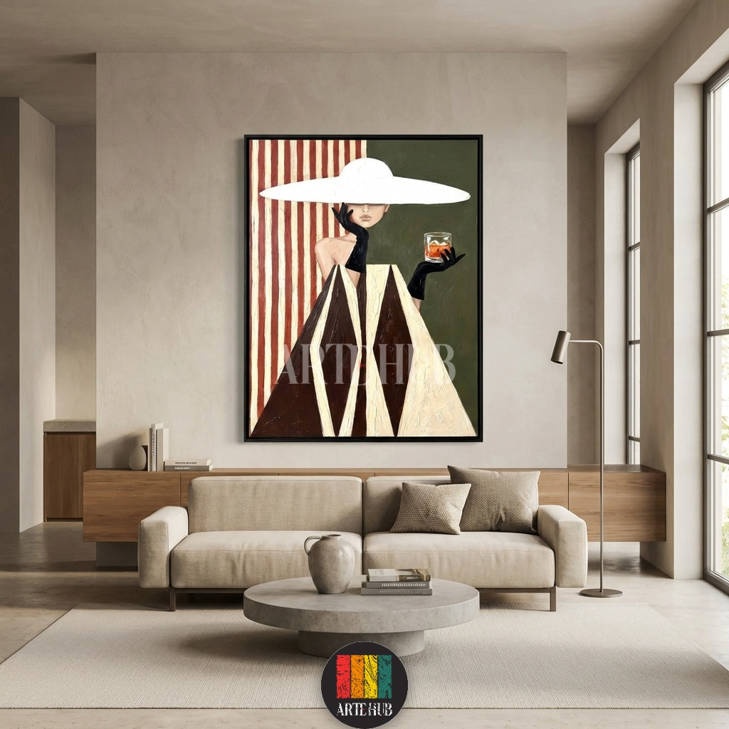  Elegant vintage canvas wall art by Artehub showing a lady in a white hat and geometric dress, adding a touch of sophisticated Egyptian style to any room.

 لوحة جدارية كلاسيكية من آرت هب تعرض سيدة بقبعة بيضاء وفستان هندسي، تضيف لمسة من الفخامة لديكور المنازل في مصر.